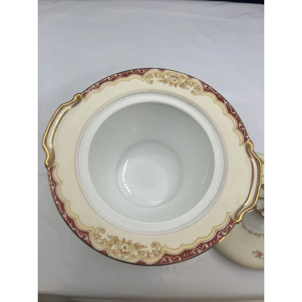 Vintage Noritake Covered Sugar Bowl M Wreath Gold Maroon Floral 1930s Japan